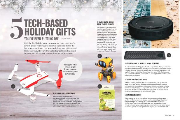 A screenshot of Spaces magazine pages sixteen and seventeen showing Vicki Nemeth's article, '5 Tech-Based Holiday Gifts You've Been Putting Off